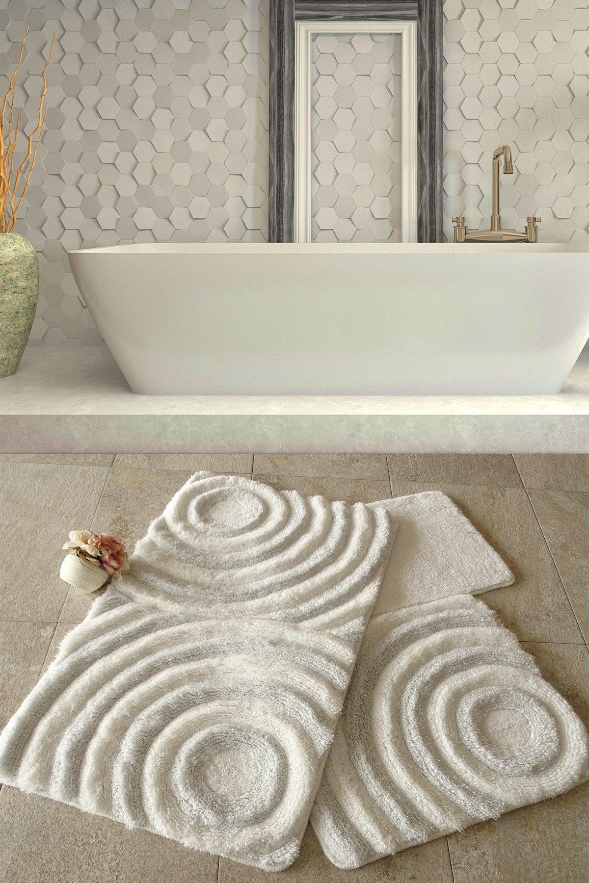 Wave White 3 Piece Set Bathroom Rug Washable