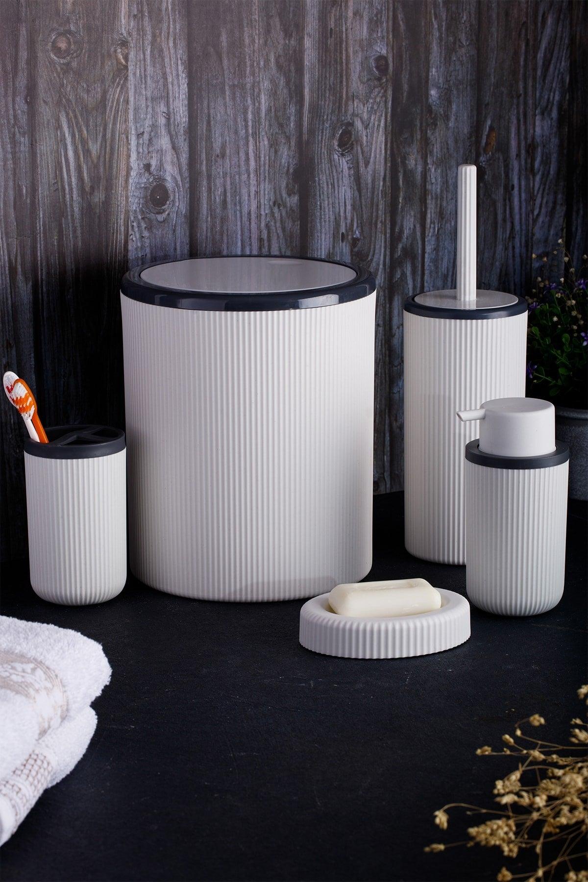 White Striped Round 5 Pcs Bathroom Set 5