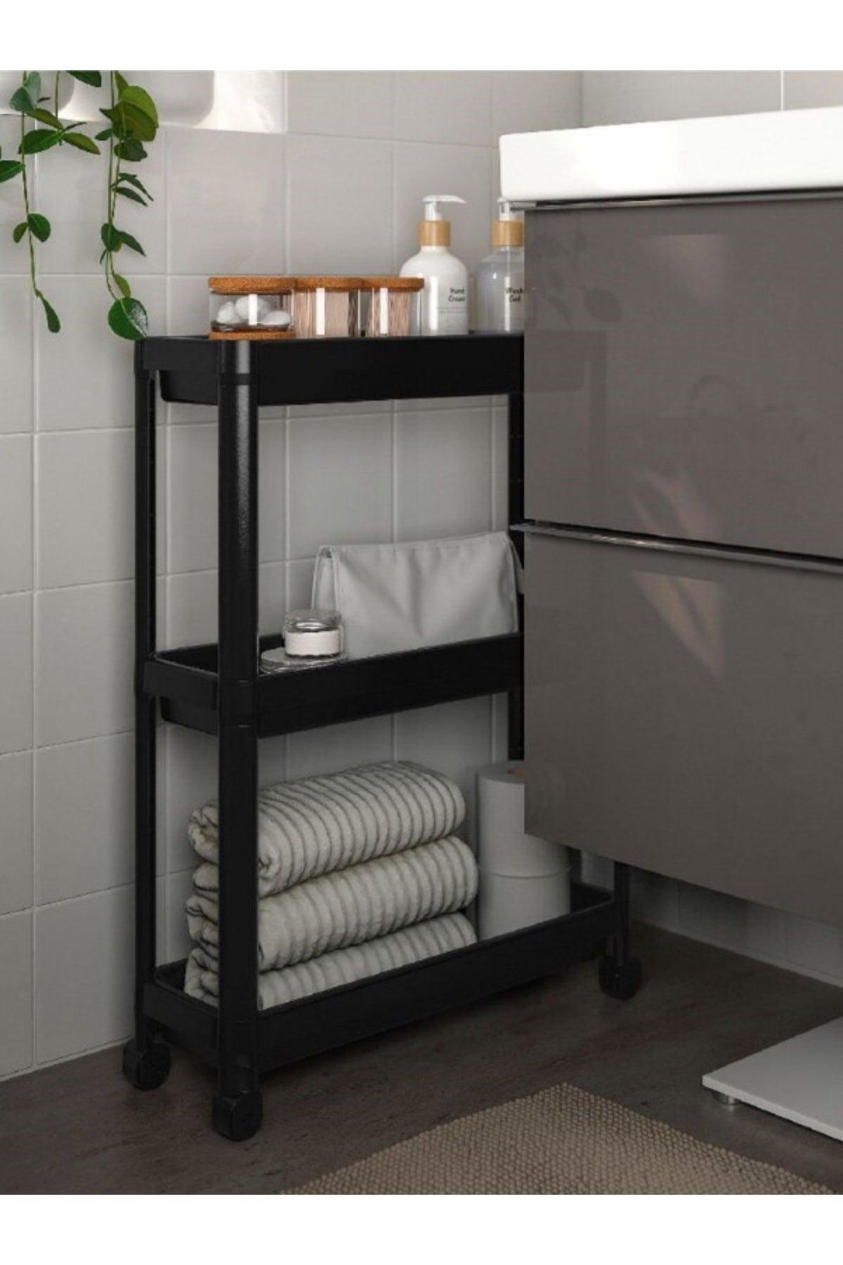 3 Tiers Plastic Kitchen Shelf With Wheels Bathroom Shelf Bathroom Organizer Black - Swordslife