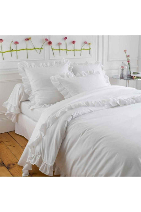 White Flat Double Duvet Cover And 2 Pillowcases With Frilly - Swordslife