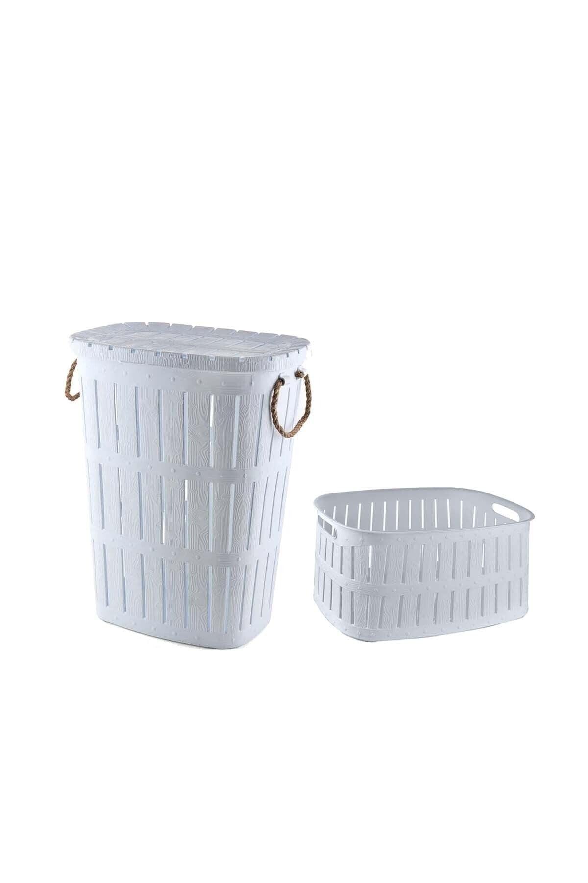 White Wooden Look Rope Dirty Basket and