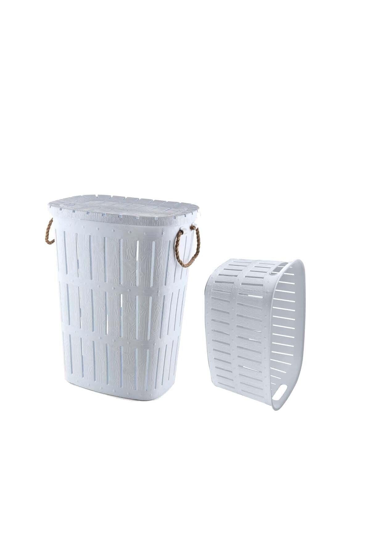 White Wooden Look Rope Dirty Basket and