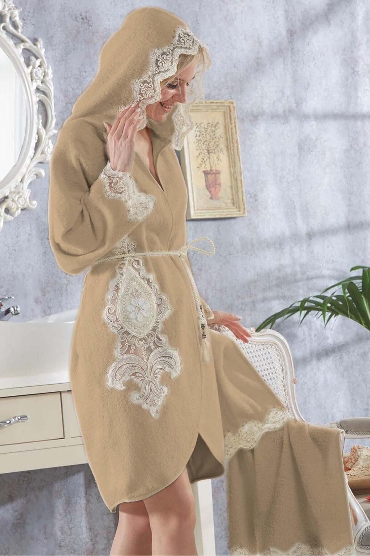 Women's Elenora Cappuccino French Lace Honeymoon Dowry Fancy Turkish Bath Robe Set - Swordslife