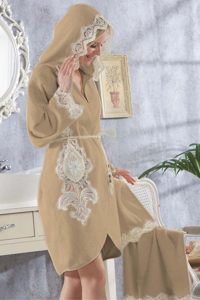 Women's Elenora Cappuccino French Lace Honeymoon Dowry Fancy Turkish Bath Robe Set - Swordslife