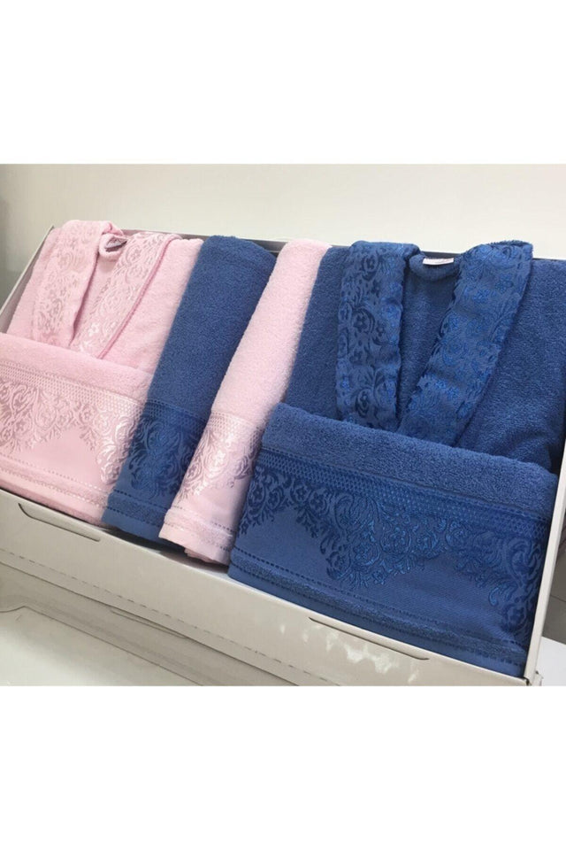 Women Men Pink Navy Blue Cotton Family Bathrobe Set - Swordslife