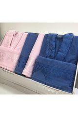 Women Men Pink Navy Blue Cotton Family Bathrobe Set - Swordslife