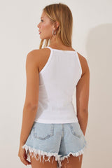 Women's White Corduroy Crop Halter Neck Knitted Singlet ZV00106 - Swordslife