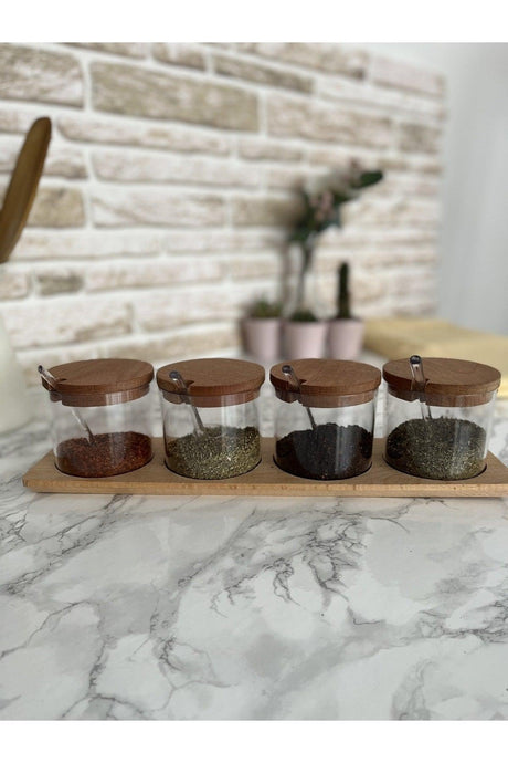 Wooden Lid Mica 4-Piece Spice Container (with stand