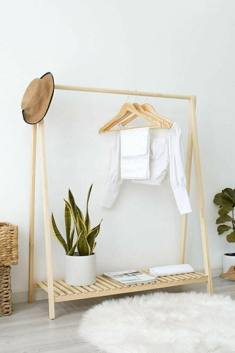 Wooden Clothes Hanger Garment Stand With One Shelf 148x100 cm - Swordslife