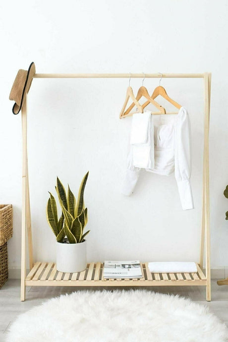 Wooden Clothes Hanger Garment Stand With One Shelf 148x100 cm - Swordslife