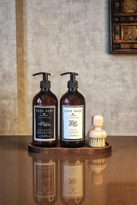 2 Pack Amber Glass Liquid Soap With Wooden Stand