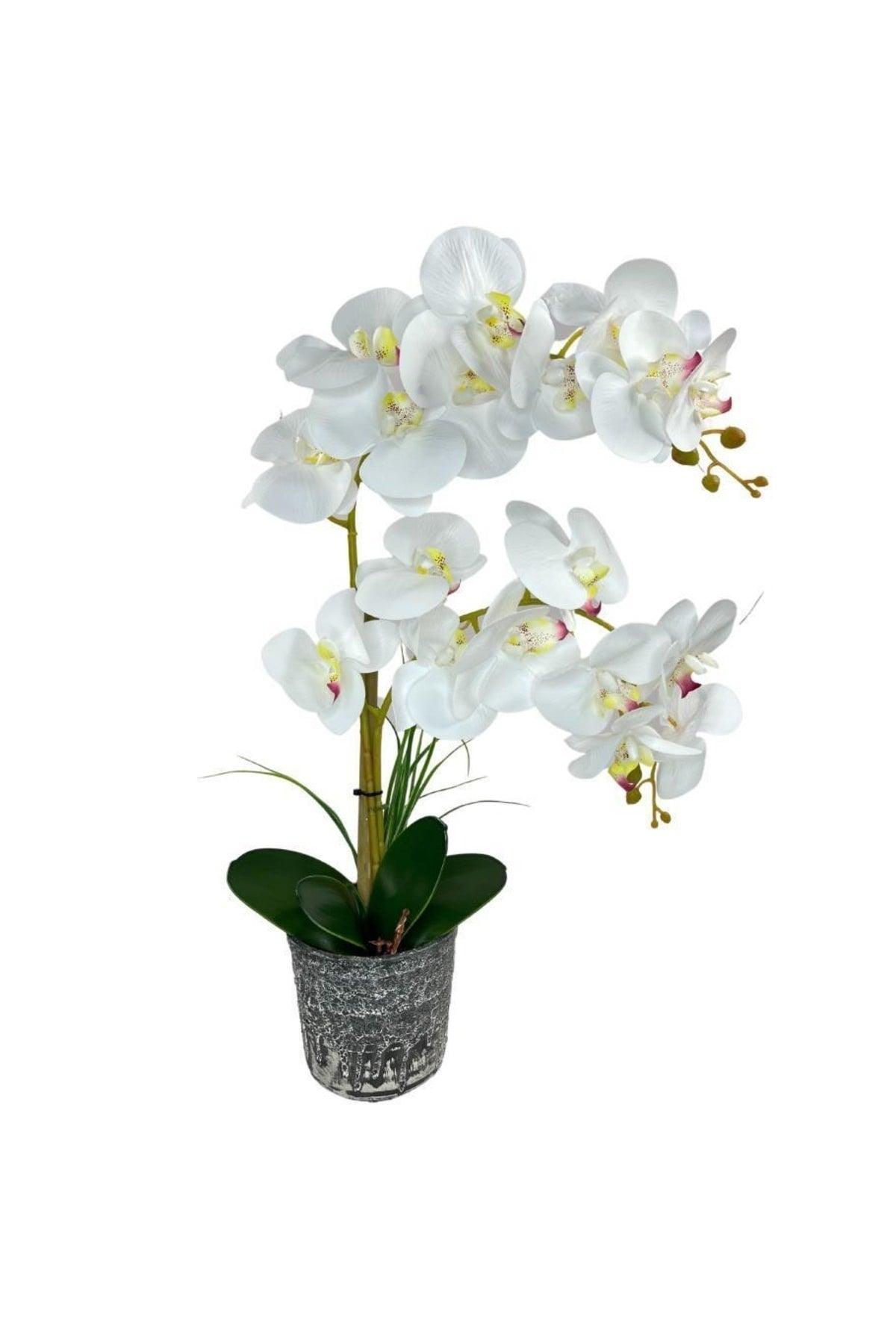 Artificial Flower 2 Piece White Wet Orchid Ceramic Pot Orchid 60cm - Swordslife