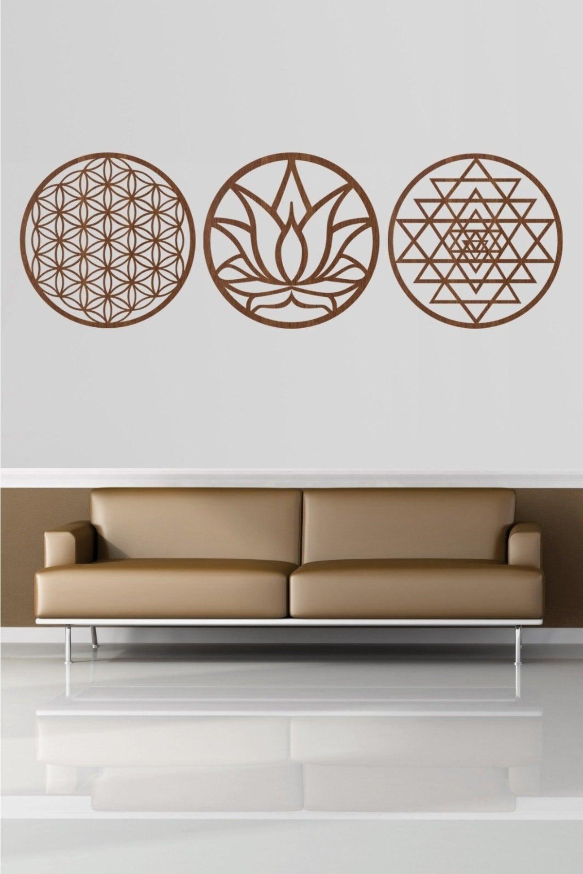 Flower of Life Lotus Flower And Sri Yantra Set Of 3 Brown Wall Painting - Swordslife