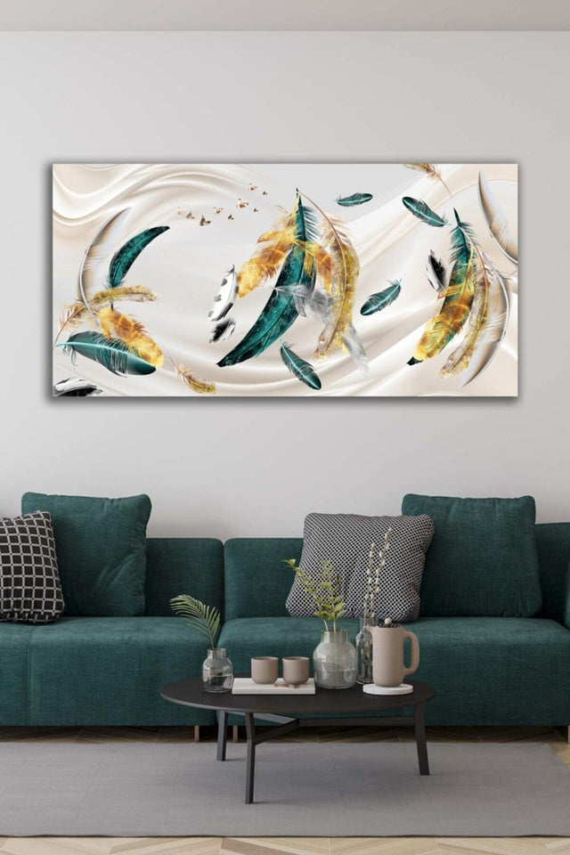 Abstract Feathers in Green Gold Color Decorative Canvas Wall Painting - Swordslife