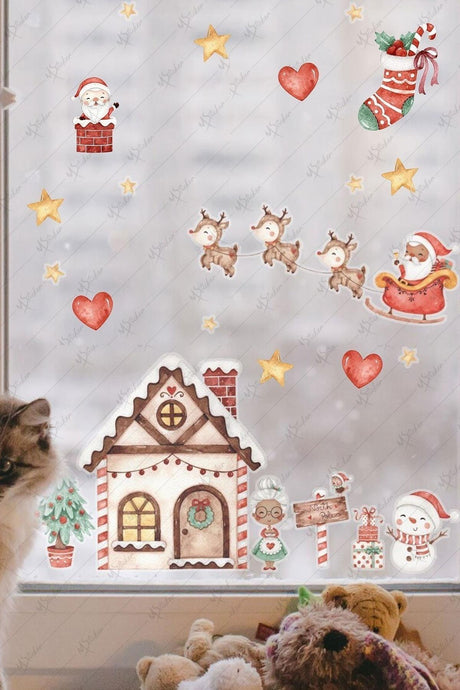 Christmas Winter House Snowman And Santa Claus Winter Figures Hearts And Stars New Year Sticker Set - Swordslife