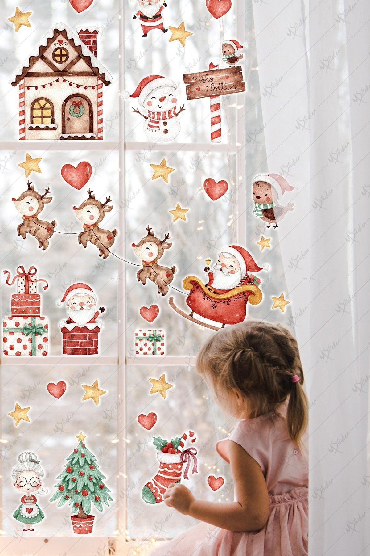 Christmas Winter House Snowman And Santa Claus Winter Figures Hearts And Stars New Year Sticker Set - Swordslife